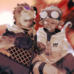 Rule 34 | 2boys, arknights, bandaid, bandaid on face, black jacket, chameleon boy, chameleon tail, earrings, ethan (arknights), fingerless gloves, furry, furry male, gloves, goggles, goggles on head, highres, holding, holding hands, holding shield, hood, hooded jacket, hoodie, hyena boy, hyena ears, jacket, jewelry, looking at another, looking at viewer, lqqq, male focus, multicolored hair, multiple boys, one eye closed, oversized zipper, pointy ears, shield, single earring, sparks, spot (arknights), streaked hair, sweatdrop, tail, white jacket