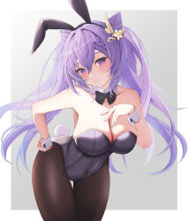 Rule 34 | absurdres, animal ears, bare arms, bare shoulders, black bow, black bowtie, black pantyhose, blush, border, bow, bowtie, braid, breasts, cleavage, closed mouth, collar, cone hair bun, cowboy shot, detached collar, double bun, fake animal ears, fake tail, floating hair, flower, genshin impact, gradient background, grey background, hair bun, hair flower, hair ornament, hand on own hip, hand up, highleg, highleg leotard, highres, hiiragi7s, keqing (genshin impact), large breasts, leaning forward, leotard, long hair, looking at viewer, pantyhose, playboy bunny, purple eyes, purple hair, rabbit ears, rabbit tail, sidelocks, smile, strapless, strapless leotard, tail, thighs, twintails, white border, white collar, white flower, white wrist cuffs, wing collar, wrist cuffs
