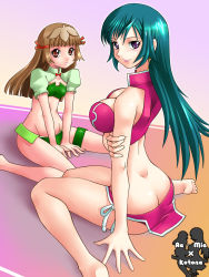 Rule 34 | 00s, 2girls, age difference, aqua hair, arm support, back, bandeau, barefoot, between legs, bikini, blush, bow, breasts, brown eyes, brown hair, butt crack, character name, china dress, chinese clothes, cleavage, closed mouth, dimples of venus, dress, earrings, frills, from side, full body, gradient background, green bikini, green hair, groin, hair ornament, hair ribbon, hand between legs, jewelry, kneeling, knees together feet apart, kotona elegance, large breasts, light smile, lipstick, long hair, makeup, multiple girls, outline, pink bikini, puffy short sleeves, puffy sleeves, purple eyes, re mii, red eyes, ribbon, short sleeves, side-tie bikini bottom, silhouette, sitting, small breasts, smile, spread legs, swimsuit, tankini, thigh strap, tress ribbon, v arms, wariza, yaso shigeru, zoids, zoids genesis
