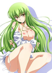 Rule 34 | 00s, 1girl, blush, bottomless, breasts, c.c., code geass, crossed arms, green hair, izumi mahiru, large breasts, long hair, looking at viewer, nipples, open clothes, open shirt, panties, shirt, solo, underwear, untied, white panties, yellow eyes