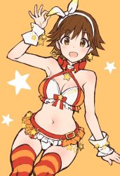 Rule 34 | 10s, 1girl, adapted costume, arm support, bare shoulders, belt, blush, bow, bracelet, breasts, brown eyes, brown hair, cleavage, commentary request, criss-cross halter, earrings, hair bow, hairband, halterneck, highres, honda mio, idolmaster, idolmaster cinderella girls, jewelry, looking at viewer, medium breasts, midriff, miniskirt, navel, open mouth, orange background, short hair, skirt, smile, solo, star (symbol), star earrings, striped clothes, striped thighhighs, sunset nostalgie, takeashiro, thighhighs, wrist cuffs