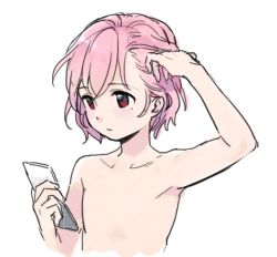 Rule 34 | 1boy, androgynous, tucking hair, reona west, male focus, mole, mole under eye, pink hair, pretty series, pripara, red eyes, sekiya asami, topless male, short hair, simple background, sketch, solo, white background