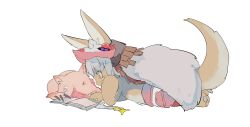 Rule 34 | 1other, animal ears, animal hands, apios, bad id, bad pixiv id, barefoot, blush stickers, book, claws, from side, full body, fur (clothing), furry, grey hair, hair ornament, hand up, head rest, headpiece, highres, horns, long hair, looking down, made in abyss, mitty (made in abyss), nanachi (made in abyss), one-eyed, open book, open mouth, orange eyes, pants, pawpads, pouch, reading, red eyes, sidelocks, simple background, tail, teeth, white background