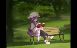 Rule 34 | 1girl, absurdres, balladeluce, bench, black border, black thighhighs, blue bow, blue ribbon, blunt bangs, blurry, blurry background, book, border, bow, bowtie, capelet, commentary request, crescent, crescent pin, crossed legs, dress bow, footwear bow, hair bow, hat, hat ribbon, highres, holding, holding book, long hair, mcdonald&#039;s, mob cap, open book, outdoors, park bench, parody, patchouli knowledge, purple eyes, purple hair, red bow, ribbon, shadow, shoes, sitting, solo, thighhighs, touhou, tree, very long hair, yellow bow, yellow bowtie