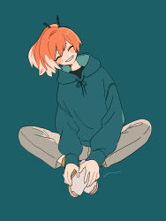 Rule 34 | 1boy, blush stickers, closed eyes, full body, green background, grin, hair ornament, hair stick, highres, hood, hoodie, indian style, leaning to the side, long hair, long sleeves, maco22, male focus, multicolored hair, orange hair, original, ponytail, sitting, smile, solo, white hair
