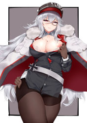 Rule 34 | 1girl, absurdres, azur lane, belt, black pantyhose, blush, breasts, buttons, cape, cleavage, cross, graf zeppelin (azur lane), highres, iron cross, kong lang (skywave), lace, large breasts, long hair, looking at viewer, monocle, nipples, pantyhose, parted lips, red eyes, silver hair, smile, solo, unbuttoned, uniform