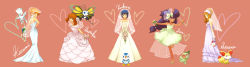 Rule 34 | 5girls, alternate costume, axew, bare shoulders, beautifly, bouquet, bridal veil, character name, creatures (company), dawn (pokemon), dress, elbow gloves, fennekin, flower, game freak, gen 2 pokemon, gen 3 pokemon, gen 4 pokemon, gen 5 pokemon, gen 6 pokemon, gloves, heart, highres, iris (pokemon), looking at viewer, may (pokemon), misty (pokemon), multiple girls, nintendo, piplup, pokemon, pokemon (anime), pokemon (classic anime), pokemon (creature), pokemon bw (anime), pokemon dppt (anime), pokemon rse (anime), raku (rairaku345), serena (pokemon), simple background, smile, togetic, veil, wedding dress, white gloves