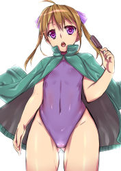 Rule 34 | ahoge, bad id, bad pixiv id, blonde hair, covered navel, food, gluteal fold, hair ribbon, highres, jacket, long hair, one-piece swimsuit, original, popsicle, purple eyes, purple one-piece swimsuit, ribbon, solo, standing, swimsuit, tiha, track jacket, twintails