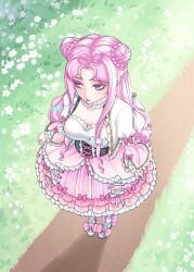 Rule 34 | 1girl, ahoge, ankle bow, ankle ribbon, arms at sides, black corset, bow, braid, braided bun, breasts, choker, cleavage, closed mouth, corset, curly hair, dirt road, double bun, dress, dress bow, flower, footwear bow, frilled choker, frilled dress, frills, from above, full body, hair bun, heart, heart ahoge, highres, jacket, kumu zaisheng, leg ribbon, lolita fashion, long hair, long sleeves, looking to the side, medium breasts, on grass, original, outdoors, pantyhose, parted bangs, path, pink bow, pink dress, pink hair, purple eyes, ribbon, road, shadow, solo, standing, sweet lolita, white flower, white footwear, white jacket, white pantyhose, wide sleeves