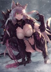 Rule 34 | 1girl, agrius metamorphosis, animal ears, atalanta alter (fate), atalanta (fate), breasts, cat ears, cleavage, clenched teeth, collared dress, commentary request, covered erect nipples, dress, fate/grand order, fate (series), fur, fur trim, green eyes, hair ribbon, highres, large breasts, long hair, looking to the side, navel, plaster (2501), ribbon, silver hair, solo, squatting, tail, teeth, white ribbon