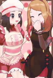 Rule 34 | 2girls, :t, apron, brown dress, chef hat, closed eyes, closed mouth, commentary, creatures (company), dawn (palentine&#039;s 2021) (pokemon), dawn (pokemon), dress, eating, eyelashes, food, food on face, game freak, hair ornament, hairclip, hand on another&#039;s shoulder, hand up, hat, highres, knees, light brown hair, long hair, long sleeves, looking at another, mittens, multiple girls, nintendo, official alternate costume, open mouth, oven mitts, pokemon, pokemon masters ex, red dress, red mittens, serena (palentine&#039;s 2021) (pokemon), serena (pokemon), short sleeves, smile, surumeika (ninfiiiir), symbol-only commentary, tongue