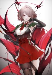 Rule 34 | 1girl, armpits, azur lane, black gloves, black legwear, breasts, brown hair, collared shirt, contrapposto, cowboy shot, drill hair, duca degli abruzzi (azur lane), earrings, elbow gloves, gloves, gradient background, grey background, hand in own hair, hand up, highres, holding, italian flag, jewelry, large breasts, looking at viewer, mechanical arms, necktie, ohisashiburi, parted lips, red eyes, red necktie, red skirt, ribbon, shirt, shirt tucked in, short hair, short necktie, single leg pantyhose, single mechanical arm, skindentation, skirt, sleeveless, smile, solo, standing, tagme, thigh strap, torn clothes, torn legwear, white skirt