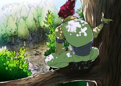 Rule 34 | 1boy, arm rest, elbow on thigh, forest, from behind, full body, hand up, hisoka morow, hunter x hunter, looking down, male focus, mojisan (ebimo), nature, on tree, pants, red hair, shirt, short hair, solo, squatting, tree, white pants, white shirt