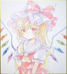 Rule 34 | 1girl, ascot, bat wings, blonde hair, crystal, flandre scarlet, hat, hat ribbon, hiyuu (hiyualice), mob cap, multicolored wings, one side up, puffy short sleeves, puffy sleeves, red eyes, red skirt, red vest, ribbon, short sleeves, side ponytail, skirt, skirt set, solo, touhou, traditional media, vest, white hat, wings, yellow ascot