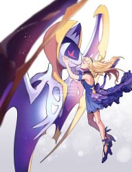 Rule 34 | 1girl, absurdres, bare shoulders, blonde hair, blue dress, blue footwear, blurry, braid, closed eyes, closed mouth, commentary request, creatures (company), dress, elbow gloves, floating hair, from side, game freak, gen 7 pokemon, gloves, hands up, high heels, highres, knees, legendary pokemon, lillie (anniversary 2021) (pokemon), lillie (pokemon), long hair, lunala, mugiccha2, nintendo, official alternate costume, pokemon, pokemon (creature), pokemon masters ex, short dress, twitter username, watermark, white gloves