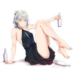 Rule 34 | 1girl, an-94 (girls&#039; frontline), an-94 (silent rouge) (girls&#039; frontline), aqua eyes, bare shoulders, barefoot, belt, black dress, blush, bottle, breasts, c.rabbit, closed mouth, dress, folded ponytail, girls&#039; frontline, highres, legs, legs up, long hair, looking at viewer, medium breasts, official alternate costume, sidelocks, silver hair, simple background, sitting, smile, solo, white background