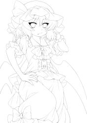 Rule 34 | 1girl, :/, bat wings, bow, eichi yuu, fang, greyscale, hand on own hip, hat, highres, lineart, looking at viewer, mob cap, monochrome, pointy ears, remilia scarlet, short hair, sketch, solo, touhou, transparent background, wings