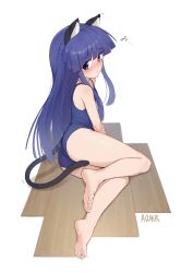 Rule 34 | 1girl, animal ears, aomoro, artist name, ass, bare legs, barefoot, blue hair, blue one-piece swimsuit, blunt ends, blush, breasts, cat ears, cat tail, collarbone, commentary, feet, full body, furude rika, highres, higurashi no naku koro ni, legs, long hair, looking at viewer, lying, on side, one-piece swimsuit, purple eyes, school swimsuit, small breasts, soles, solo, swimsuit, symbol-only commentary, tail, thighs, toenails, toes, very long hair, white background, wooden floor