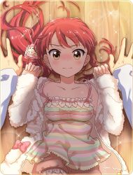 Rule 34 | 10s, 1girl, alternate hairstyle, ass, bare shoulders, battle girl high school, blush, bow, camisole, coat, collarbone, floor, frills, fur coat, hair bow, hands up, hasumi urara, highres, lens flare, long hair, long sleeves, looking at viewer, lying, nervous smile, nose blush, official art, on back, on floor, open clothes, open coat, out of frame, pov, pov hands, red hair, rounded corners, shadow, shorts, side ponytail, sleepwear, smile, solo focus, spaghetti strap, sparkle, wooden floor, yellow eyes