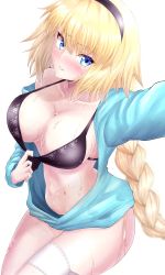 Rule 34 | 1girl, bikini, black bikini, blonde hair, blue eyes, blue jacket, braid, braided ponytail, breasts, cleavage, collarbone, fate/grand order, fate (series), hairband, highres, hood, hooded jacket, ilsa34660285, jacket, jeanne d&#039;arc (fate), jeanne d&#039;arc (ruler) (fate), jeanne d&#039;arc (swimsuit archer) (fate), jeanne d&#039;arc (swimsuit archer) (first ascension) (fate), large breasts, long hair, long sleeves, looking at viewer, navel, outstretched arm, parted lips, simple background, solo, swimsuit, thighs, very long hair, wet, white background