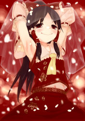 Rule 34 | 1girl, armpits, arms behind head, arms up, asa no ha (pattern), ascot, black hair, blurry, blush, bokeh, bow, collarbone, depth of field, detached sleeves, embellished costume, female focus, frills, hair bow, hair ornament, hair tubes, hakurei reimu, japanese clothes, long hair, looking at viewer, midriff, miko, mizu asato, navel, petals, ponytail, red eyes, red theme, see-through, seigaiha, smile, solo, touhou, veil, very long hair