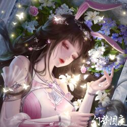 Rule 34 | 1girl, animal ears, bare shoulders, brown hair, bug, butterfly, closed mouth, douluo dalu, dress, earrings, eye mask, eyelashes, flower, glowing butterfly, hair ornament, half-closed eyes, highres, holding, holding petal, insect, jewelry, light particles, ni gu la si xiao la ji, night, petals, pink dress, pink eyes, rabbit ears, second-party source, solo, upper body, xiao wu (douluo dalu)
