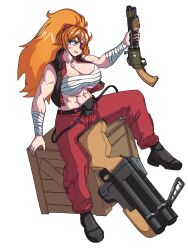Rule 34 | abs, bandages, blue eyes, breasts, brups tv, crate, grenade launcher, gun, highres, holding, holding weapon, large breasts, muscular, muscular female, orange hair, pants, red pants, shotgun, spread legs, team fortress 2, weapon, wood, zess (zesty jesus)