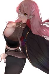 Rule 34 | 1girl, ass, black coat, black skirt, breasts, closed mouth, coat, earrings, flower, from side, heart, highres, jewelry, large breasts, lilyw, long hair, long sleeves, looking at viewer, looking to the side, mole, mole under eye, nail polish, orange eyes, pink hair, project blue (vtuber), red nails, ring, rose, sino42, skirt, smile, solo, virtual youtuber