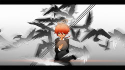 Rule 34 | 18 (backstreetno18), 1girl, ahoge, animal, bird, black jacket, black suit, blush, closed mouth, collar, collared shirt, embarrassed, emma (yakusoku no neverland), facing viewer, flying, formal, green eyes, grey background, hair between eyes, hat, holding, holding clothes, holding hat, jacket, letterboxed, long sleeves, looking down, neck tattoo, number tattoo, orange hair, shirt, short hair, simple background, solo, standing, suit, tattoo, unworn hat, unworn headwear, upper body, white bird, white shirt, yakusoku no neverland