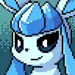 Rule 34 | ^ ^, animal focus, animated, animated gif, blue background, blue hair, blue sclera, blue theme, closed eyes, closed mouth, colored sclera, commission, creatures (company), game freak, gen 4 pokemon, glaceon, gradient background, happy, looping animation, lowres, nintendo, no humans, open mouth, pixel art, pokemon, pokemon (creature), portrait, sidelocks, sideways mouth, simple background, smile, solo, white eyes, wisgarus