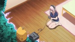 Rule 34 | 1girl, animated, breasts, coffee table, controller, game console, game controller, headphones, indoors, long hair, medium breasts, ominous shadow, pink hair, red eyes, rug, running bond, sega saturn, short sleeves, shorts, sidelocks, sitting, solo, super sonico, table, tagme, television, wariza, white shorts, wooden floor