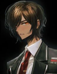 Rule 34 | 1girl, black coat, coat, collared shirt, earrings, eichi turnr, highres, jewelry, limbus company, looking at viewer, necktie, outis (project moon), parted lips, project moon, red necktie, shirt, solo, tie clip, white shirt, wing collar