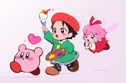 Rule 34 | 1boy, 2girls, adeleine, arm up, beret, black hair, blue eyes, blush stickers, fairy, fairy wings, flying, hair ribbon, hat, heart, highres, kirby, kirby: star allies, kirby (series), kirby 64, multiple girls, nintendo, open mouth, paintbrush, palette (object), pink background, pink hair, purple eyes, ribbon, ribbon (kirby), short hair, skirt, smock, wings, yukxxx5
