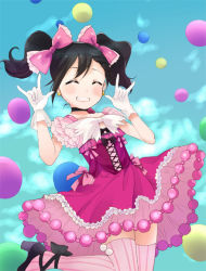 Rule 34 | 10s, 1girl, ^ ^, bad id, bad pixiv id, balloon, black hair, blush, bow, choker, closed eyes, double m/, dress, gloves, grin, hair bow, high heels, love live!, love live! school idol project, m/, nico nico nii, red dress, short hair, smile, solo, strappy heels, striped clothes, striped thighhighs, thighhighs, twintails, ume (plumblossom), vertical-striped clothes, vertical-striped thighhighs, white gloves, yazawa nico