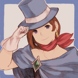 Rule 34 | 1girl, ace attorney, apollo justice: ace attorney, blue eyes, blue hat, brown hair, cape, commentary request, earrings, gloves, hat, jewelry, maeka (kumaekake), medium hair, necktie, scarf, smile, solo, top hat, trucy wright