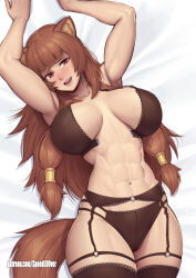 Rule 34 | 1girl, abs, absurdres, alternate costume, animal ear fluff, animal ears, armpits, arms up, artist name, bed sheet, blush, bra, breasts, breasts apart, brown bra, brown garter belt, brown hair, brown panties, collarbone, commentary, cowboy shot, english commentary, front-hook bra, garter belt, garter straps, hair tubes, highres, large breasts, lingerie, long hair, looking at viewer, lying, midriff, muscular, muscular female, navel, on back, on bed, open bra, open mouth, paid reward available, panties, patreon username, raphtalia, red eyes, smile, solo, speedl00ver, stomach, sweat, tail, tate no yuusha no nariagari, thick thighs, thighs, underwear, underwear only, watermark, web address