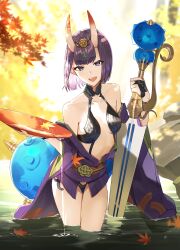 Rule 34 | 1girl, absurdres, alcohol, bare shoulders, bob cut, breasts, collarbone, commentary request, cup, eyeliner, fate/grand order, fate (series), gourd, headpiece, highres, horns, hoshi rasuku, japanese clothes, kimono, long sleeves, looking at viewer, makeup, oni, open mouth, pouring, purple eyes, purple hair, purple kimono, revealing clothes, sakazuki, sake, short hair, short kimono, shuten douji (fate), skin-covered horns, small breasts, smile, solo, sword, thighs, wading, water, weapon, wide sleeves