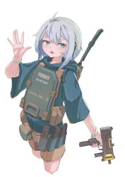 Rule 34 | 1girl, absurdres, ammunition pouch, blue hoodie, blush, brown shorts, cropped legs, fang, green eyes, grey hair, gun, hand up, highres, holding, holding gun, holding weapon, hood, hood down, hoodie, looking at viewer, mac-10/11, okapi (yomaigoto), open mouth, original, pouch, short sleeves, shorts, simple background, solo, submachine gun, weapon, weapon request, white background, wide sleeves