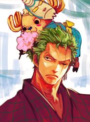 Rule 34 | 1boy, alternate costume, cotton candy, eating, food, franky (one piece), green hair, japanese clothes, mask, one-eyed, one piece, personality switch, reindeer, roronoa zoro, tony tony chopper, tsuyomaru