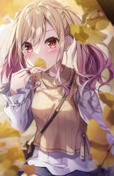 Rule 34 | 1girl, absurdres, autumn, autumn leaves, bag, blonde hair, blush, brown bag, colored tips, covering own mouth, dot nose, frilled sleeves, frills, gradient hair, handbag, highres, holding, holding leaf, leaf, long hair, long sleeves, looking at viewer, multicolored hair, orange eyes, pink hair, project sekai, solo, sweater vest, tenma saki, twintails, yashin, yellow sweater vest