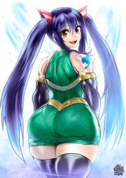 Rule 34 | 1girl, aged up, alternate muscle size, ass, ass focus, back, bare shoulders, black thighhighs, blue hair, butt crack, cat hair ornament, dress, fairy tail, fairy tail logo, fang, feet out of frame, gluteal fold, green skirt, hair between eyes, hair ornament, highres, huge ass, long hair, looking at viewer, looking back, muscular, muscular female, open mouth, orange eyes, pantylines, shirt, shoulder tattoo, signature, simple background, skirt, sleeveless, sleeveless dress, sleeveless shirt, smile, tattoo, the golden smurf, thick thighs, thighhighs, thighs, twintails, wendy marvell, wide hips