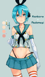 Rule 34 | 1girl, bare shoulders, black panties, blue eyes, blue hair, blush, cosplay, crop top, crop top overhang, elbow gloves, gloves, hair ornament, hairband, hairclip, highleg, highleg panties, highres, hirano ryouji, kantai collection, mahou shoujo madoka magica, mahou shoujo madoka magica (anime), matching hair/eyes, midriff, miki sayaka, navel, panties, shimakaze (kancolle), shimakaze (kancolle) (cosplay), short hair, skirt, solo, striped clothes, striped thighhighs, thighhighs, underwear, white gloves, zettai ryouiki