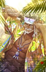 Rule 34 | 1boy, abs, alternate costume, bara, bare pectorals, braid, contemporary, cowboy shot, dark-skinned male, dark skin, facial mark, final fantasy, final fantasy xiv, from above, hawaiian shirt, headband, heart, heart-shaped eyewear, highres, hyur, instagram, jewelry, kbaeso, long hair, looking at viewer, lyon rem helsos, male focus, mature male, muscular, muscular male, necklace, old, old man, one eye closed, pectorals, scar, scar on face, scar on nose, shirt, side braid, sparkle, sunglasses, tooth necklace, tribal, white hair, white headband