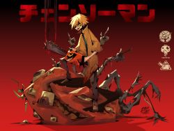 Rule 34 | 1boy, 972819623datiancai, absurdres, blonde hair, blood, blood on clothes, brown coat, brown footwear, chainsaw man, coat, copyright name, denji (chainsaw man), eyepatch, grey pants, grin, highres, monster, open mouth, pants, pochita (chainsaw man), red background, red eyes, sharp teeth, simple background, smile, symbol-shaped pupils, teeth, tomato devil (chainsaw man), x-shaped pupils, yellow eyes