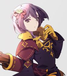 Rule 34 | 1girl, arrow (projectile), bernadetta von varley, bow, closed mouth, dress, earrings, fire emblem, fire emblem: three houses, fromchawen, gloves, grey eyes, hair ornament, jewelry, long sleeves, nintendo, purple hair, quiver, solo, upper body, yellow gloves