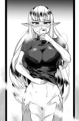 Rule 34 | 1girl, blush, breasts, cellphone, censored, embarrassed, greyscale, hands on own stomach, hands on stomach, holding, holding phone, huge breasts, lamia, large breasts, light censor, long hair, looking at mirror, looking at viewer, mirror, monochrome, monster girl, monster girl encyclopedia, niwatori gunsou, phone, pointy ears, pussy, room, scales, selfie, shirohebi (monster girl encyclopedia), shirt, slit pupils, smartphone, smile, snake tail, solo, straight hair, sweat, t-shirt, tail, taking picture, upper body