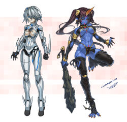 2girls arm_blade arms_at_sides blue_eyes blue_skin breasts brown_hair claws club_(weapon) colored_skin commission cyborg detached_leggings detached_sleeves fingernails foot_wraps full_body grey_hair hair_over_one_eye holding holding_club holding_weapon horns large_breasts long_hair looking_at_viewer multiple_girls navel original sharp_fingernails sharp_toenails short_hair single_horn skeb_commission standing standing_on_one_leg takada_kazuhiro thighhighs toenails twintails very_long_hair very_short_hair weapon yellow_eyes