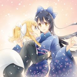 Rule 34 | 10s, 2girls, ayase eli, blonde hair, blue eyes, blue hair, blue kimono, blush, bow, brown eyes, couple, flower, formal, hair bow, hug, japanese clothes, kimono, long hair, looking at another, love live!, love live! school idol festival, love live! school idol project, mimori (cotton heart), multiple girls, open mouth, pants, parted bangs, ponytail, shirt, smile, sonoda umi, suit, yuri
