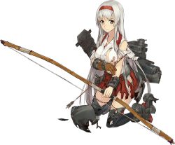 Rule 34 | 10s, 1girl, aircraft, airplane, anti-aircraft, anti-aircraft gun, archery, arrow (projectile), blush, boots, bow (weapon), breasts, brown eyes, female focus, flight deck, full body, gloves, hairband, hakama, hakama short skirt, hakama skirt, hip vent, japanese clothes, kantai collection, kneeling, konishi (koconatu), kyuudou, large breasts, long hair, muneate, official art, partially fingerless gloves, partly fingerless gloves, ribbon, shoukaku (kancolle), shoukaku kai ni (kancolle), silver hair, single glove, skirt, smile, solo, thigh boots, thighhighs, torn clothes, transparent background, turbine, weapon, yugake