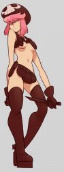 Rule 34 | 1girl, beanie, black footwear, black gloves, black hat, boots, bored, breasts, contrapposto, dotted background, gloves, grey background, gutalalaman, hair between eyes, half-closed eyes, hat, highres, holding, holding weapon, jakuzure nonon, jitome, kill la kill, knife, midriff, navel, nudist beach uniform, pink hair, pouch, skindentation, skull print, small breasts, solo, standing, thigh boots, thighhighs, underboob, weapon